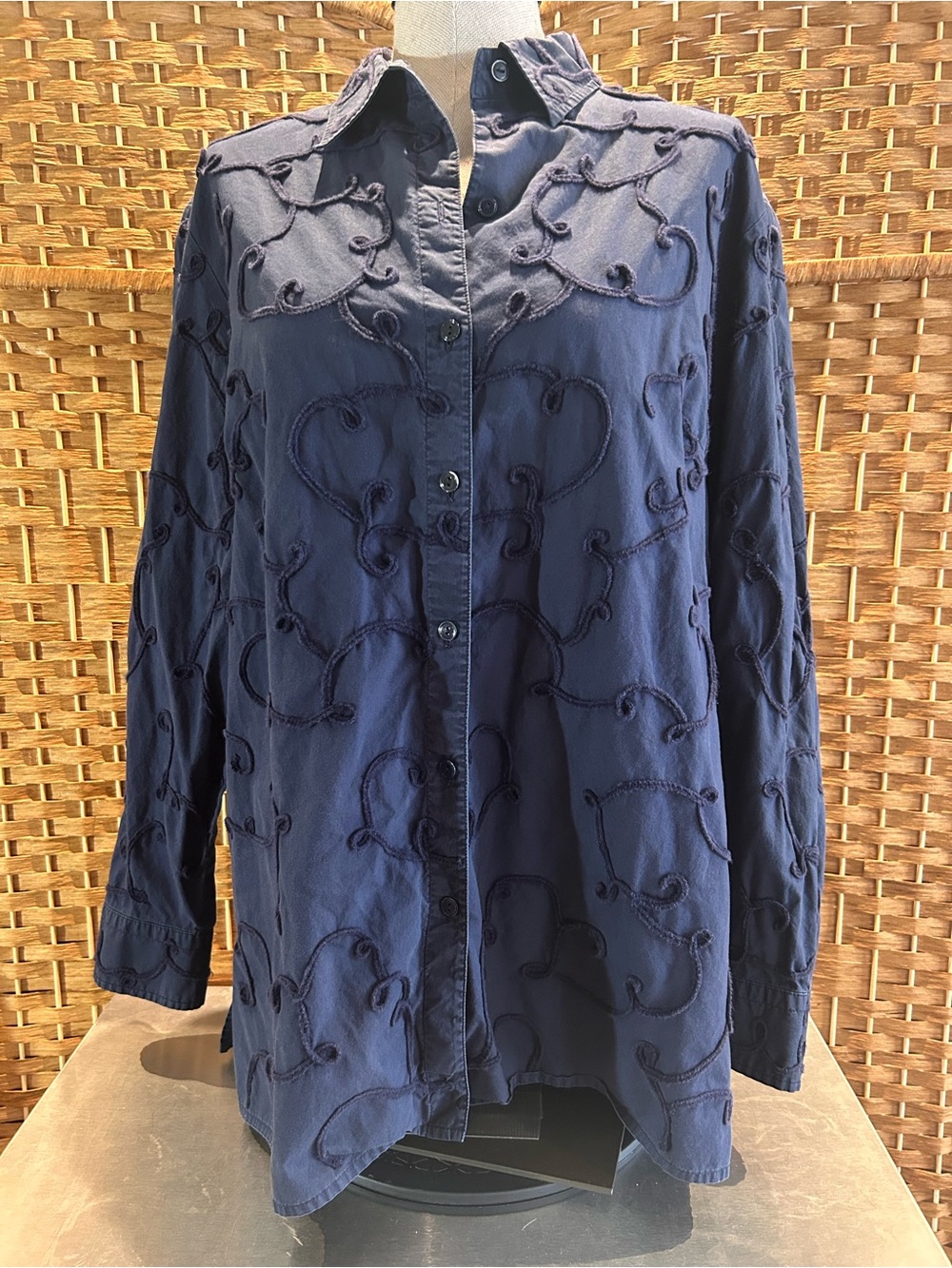 Embroidered Scroll Shirt Plus Size 2X Navy Button Front Artsy Boho